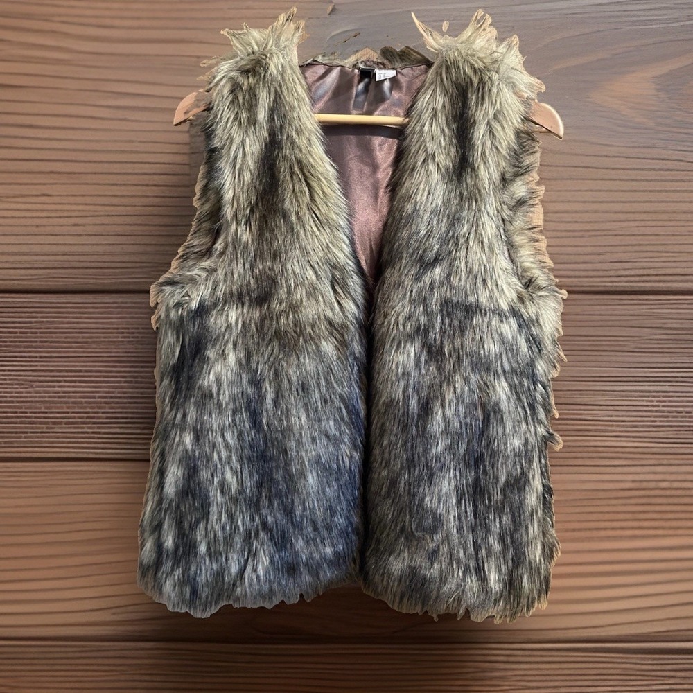 H&M Divided Faux Fur Vest Womens 8 Brown Multi Open Front Layering Boho Chic